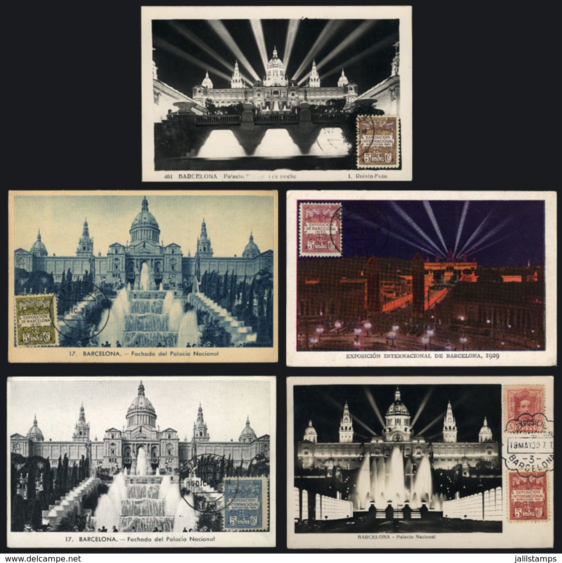 SPAIN: BARCELONA: National Palace, 5 Maximum Cards, One With Special Pmk Of Intl. Expo 19/MAY/1930, And The Rest Cancell - Maximum Cards