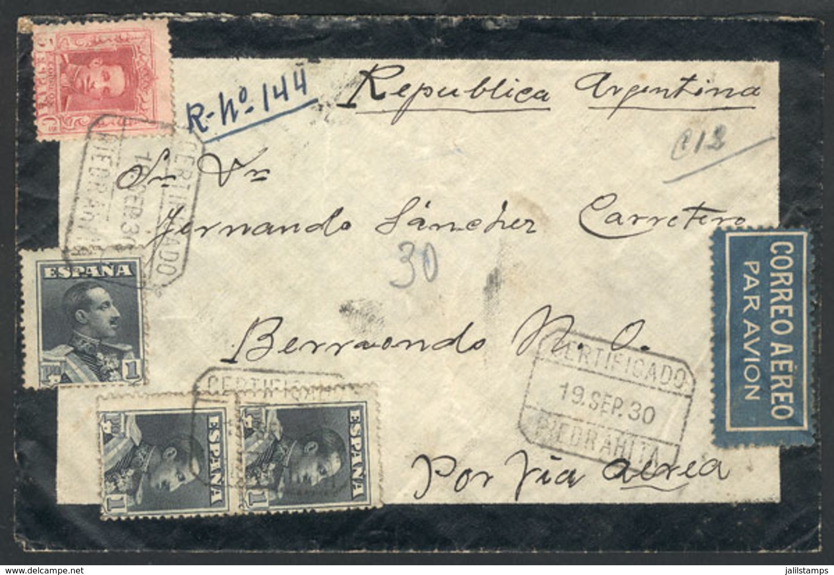 SPAIN: Registered Airmail Cover Sent From PIEDRAHITA To Argentina On 19/SE/1930 Franked With 3.05Ptas., Handsome And Int - Other & Unclassified
