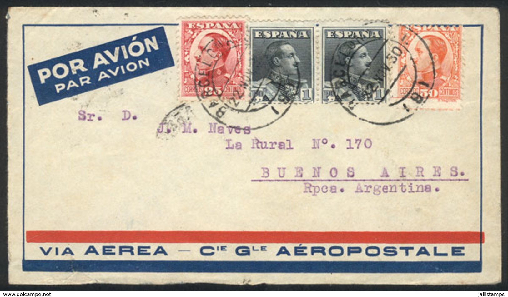 SPAIN: 22/NO/1930 Barcelona - Argentina, Airmail Cover Sent By C.G.Aeropostale With 2.75P. Postage, Buenos Aires Arrival - Otros & Sin Clasificación