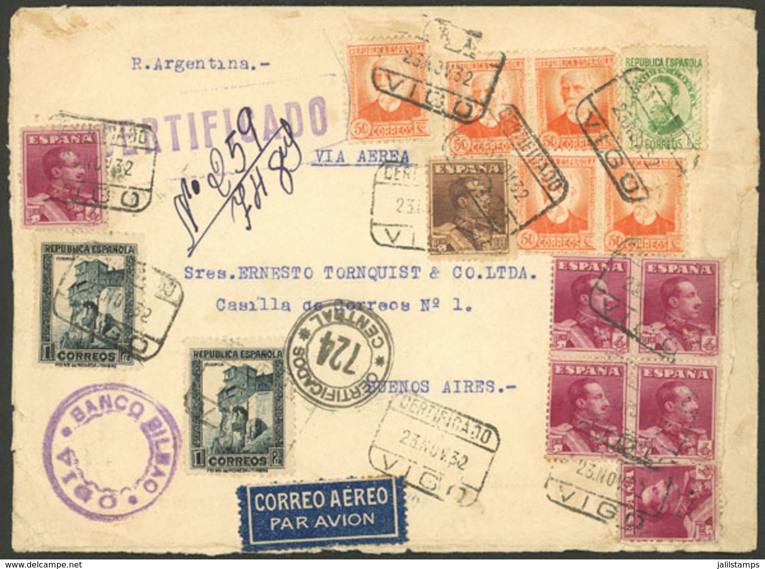 SPAIN: LARGE POSTAGE: 23/NO/1932 Vigo - Argentina, Registered Airmail Cover, With Spectacular Franking Of 38.60Ptas., Fa - Sonstige & Ohne Zuordnung