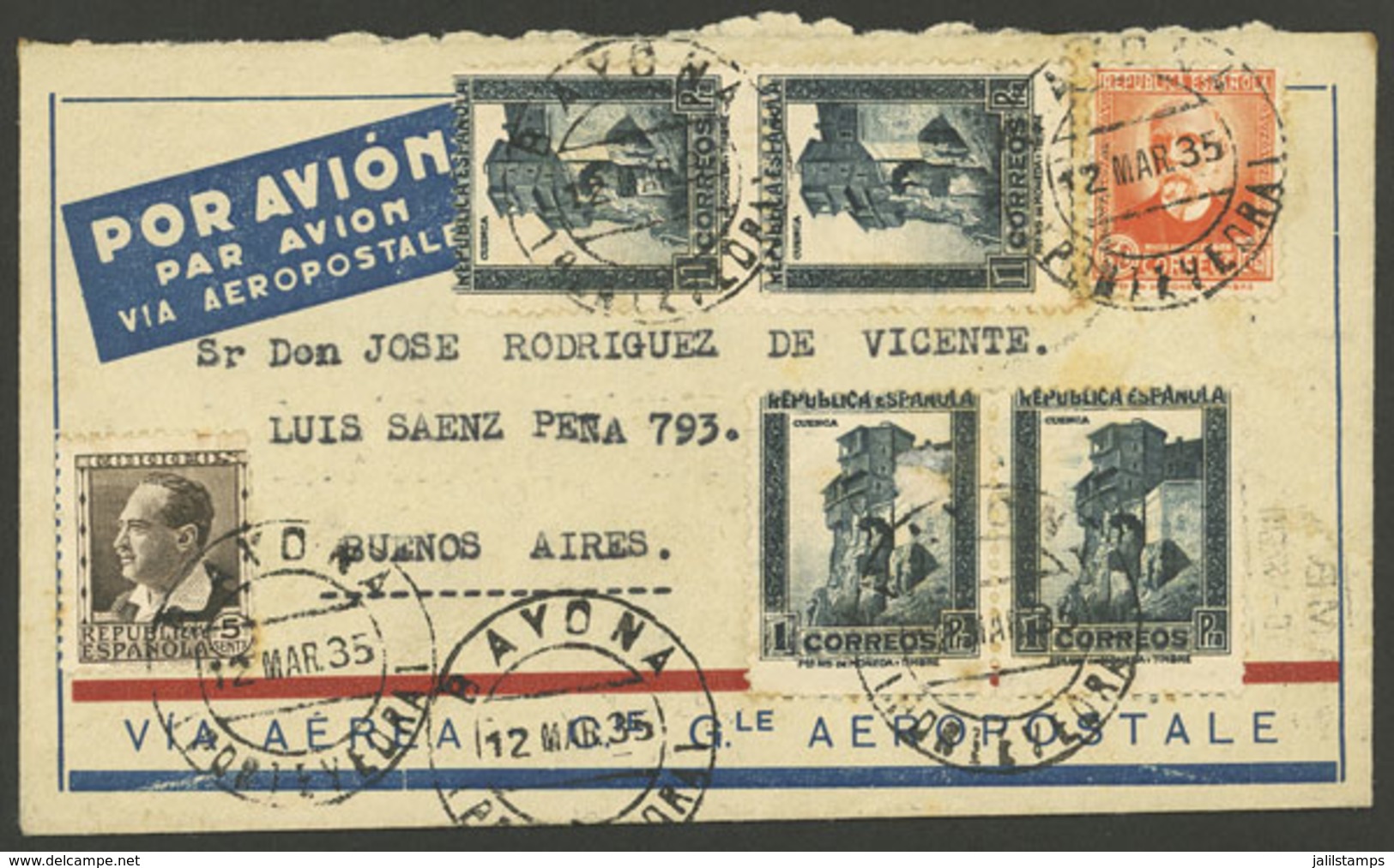 SPAIN: 12/MAR/1935 Bayona - Argentina, Airmail Cover Flown By Aeropostale Franked With 4.55P., VF! - Other & Unclassified