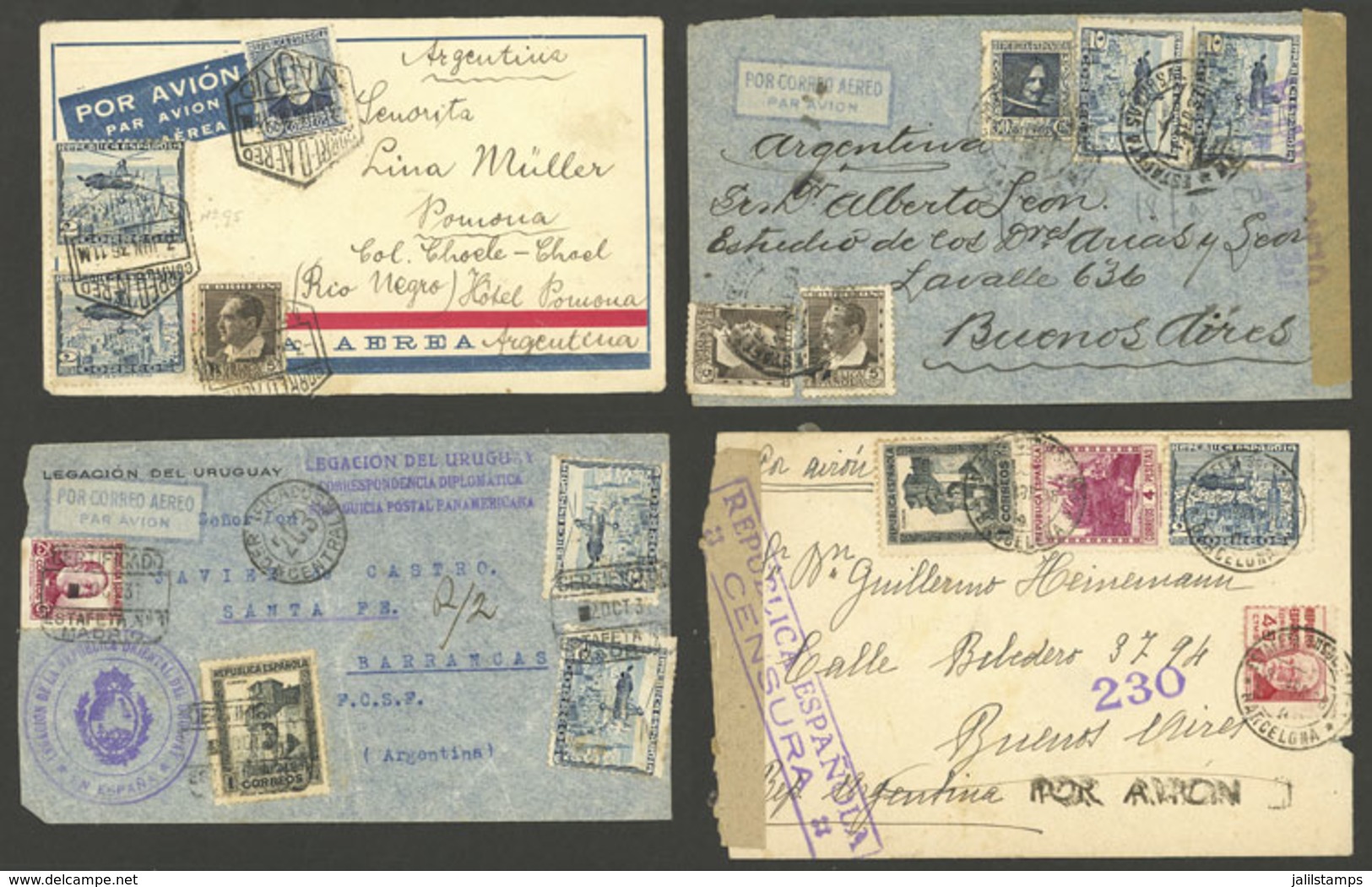 SPAIN: 4 Airmail Covers Sent To Argentina Between 1936 And 1938, 2 Censored, Nice Frankings, Very Good Lot! - Otros & Sin Clasificación