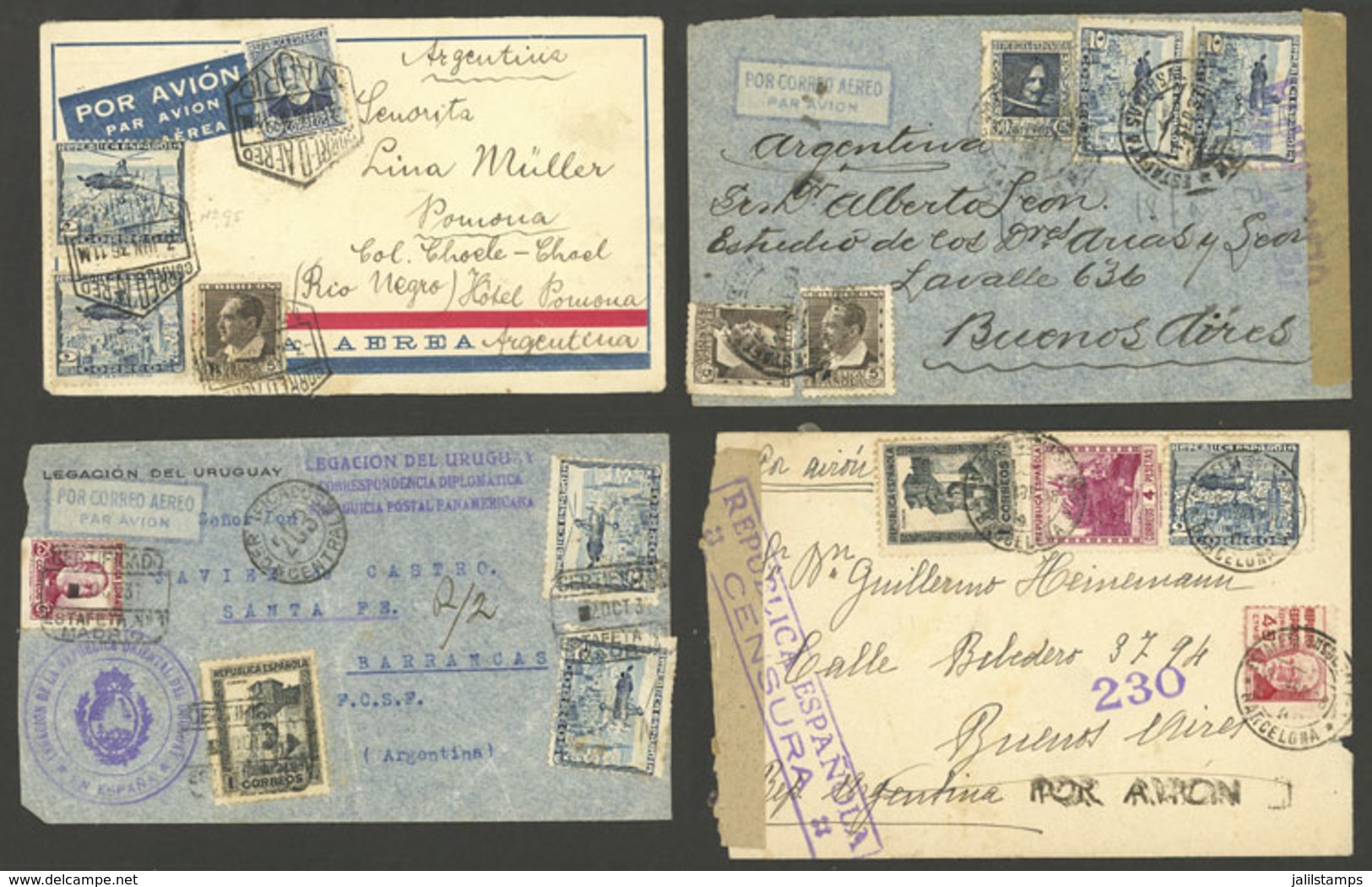 SPAIN: 4 Airmail Covers Sent To Argentina Between 1936 And 1938, 2 Censored, Nice Frankings, Very Good Lot! - Other & Unclassified
