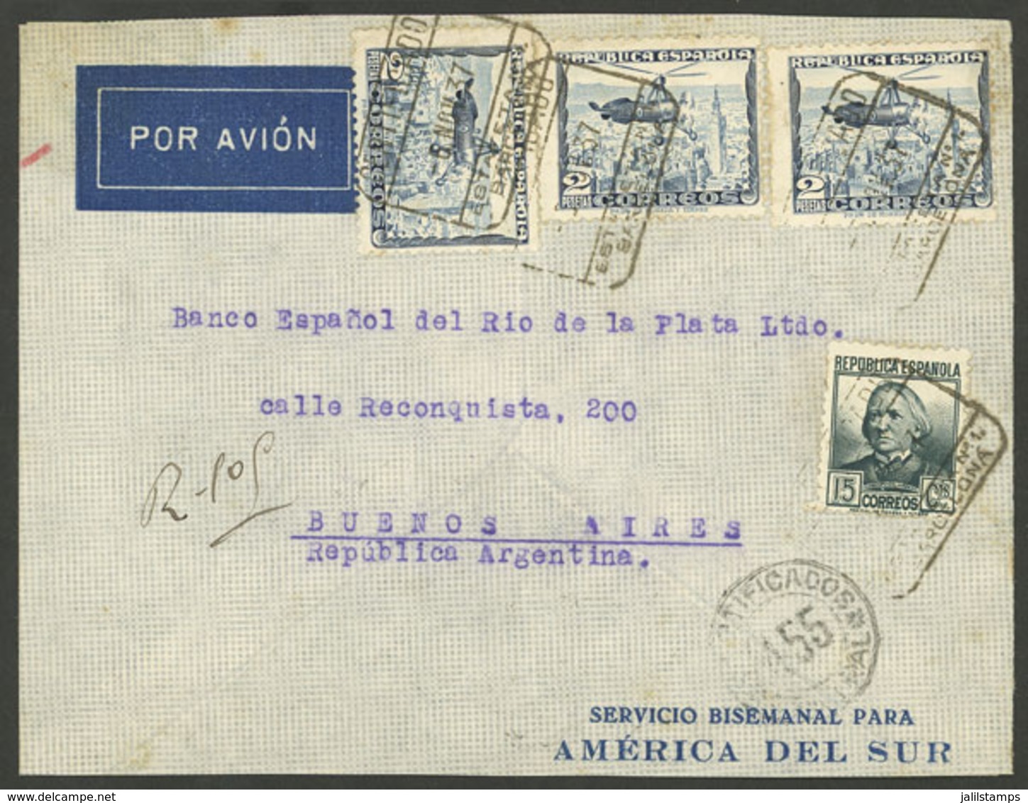 SPAIN: 6/NO/1937 Barcelona - Buenos Aires, Registered Airmail Cover Franked With 6.15Ptas., On Back Censor Mark And Buen - Sonstige & Ohne Zuordnung