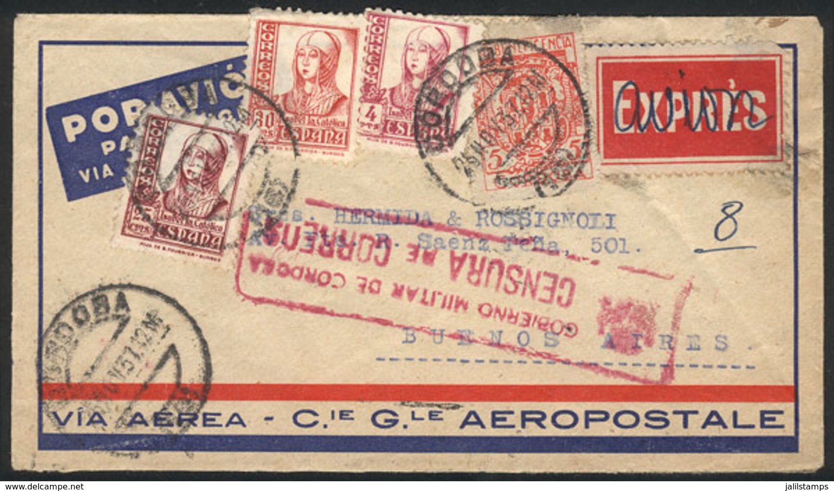 SPAIN: 25/NO/1937 Córdoba - Argentina, Airmail Cover Sent By C.G.Aeropostale And Franked With 4.55P., With An Attractive - Otros & Sin Clasificación