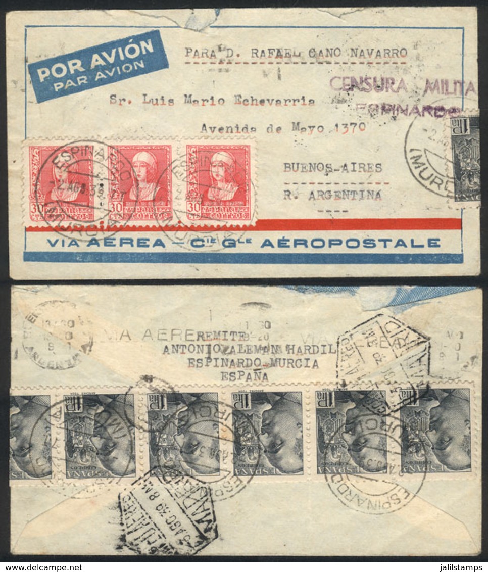SPAIN: 2/AU/1939 Espinardo (Murcia) - Argentina, Airmail Cover Sent By C.G.Aeropostale Franked With 6.90P., Buenos Aires - Otros & Sin Clasificación