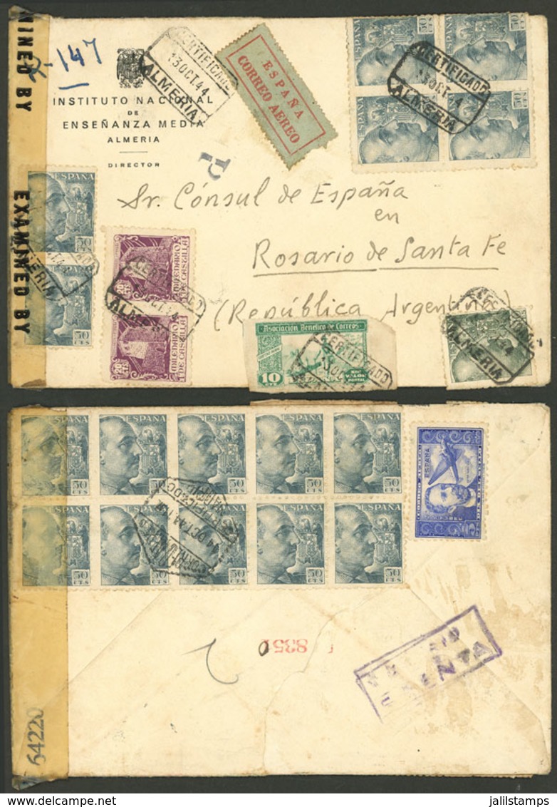 SPAIN: 13/OC/1944 Almería - Argentina, Registered Airmail Cover, With Attractive Postage On Front And Back And Allied Ce - Otros & Sin Clasificación