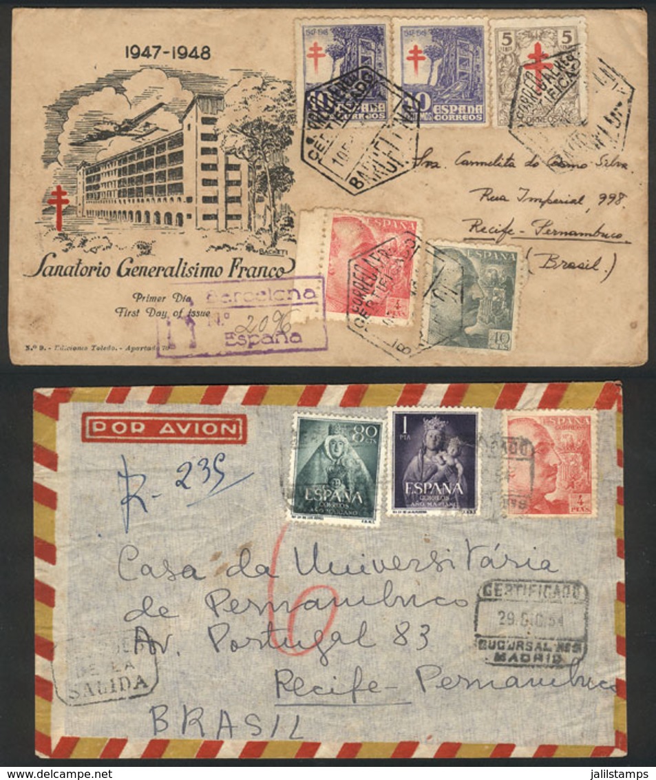 SPAIN: 2 Covers Sent To Brazil In 1948 And 1954, Handsome Postages And Interesting Cancels (for Example "DESPUES DE LA S - Otros & Sin Clasificación