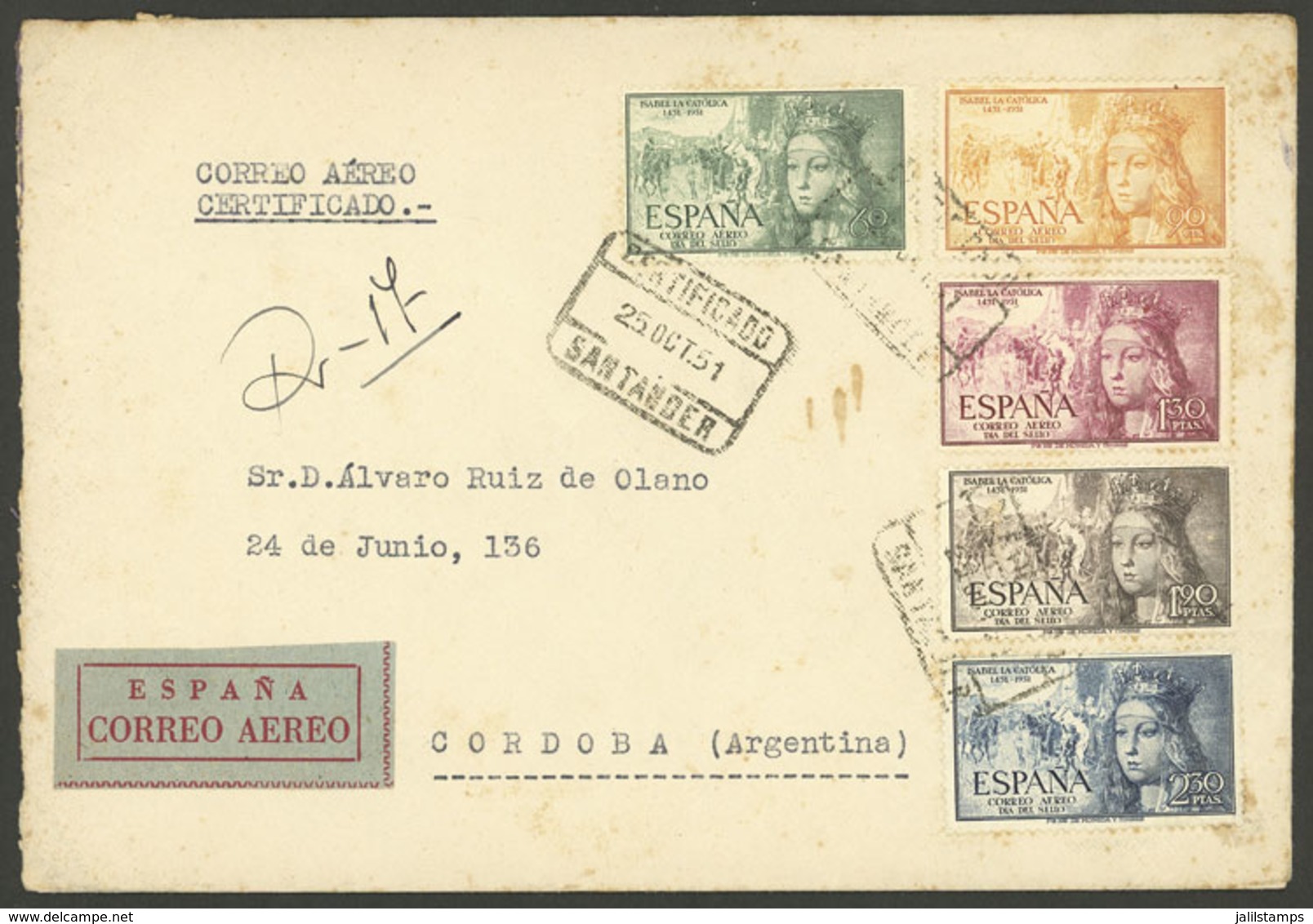 SPAIN: Cover Franked With The Cmpl. Set Of 1951 "Isabella I Of Castile", Sent By Registered Airmail To Argentina On 25/O - Sonstige & Ohne Zuordnung