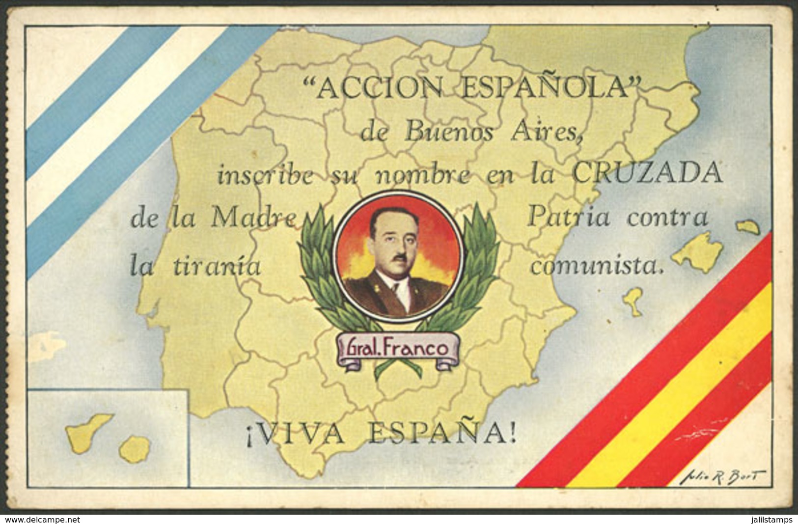 SPAIN: "Acción Española" Of Buenos Aires, Pro-Franco Postcard Against The Communist Tyranny, Value 1 Peso, VF Quality!" - Otros & Sin Clasificación