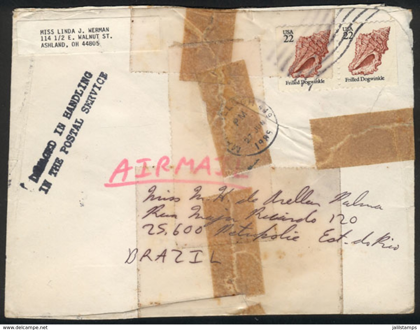 UNITED STATES: POSTAL ACCIDENT: Cover Sent From Ashland (OH) To Brazil In JUN/1985, With Various Damages (tears And Crea - Other & Unclassified