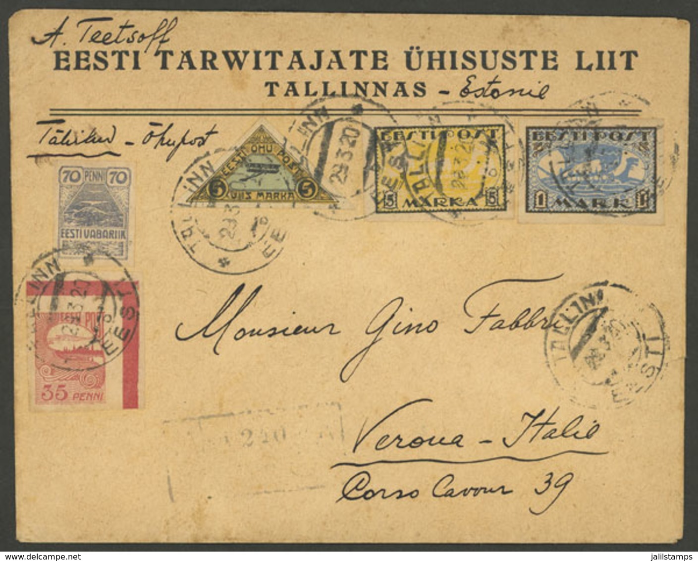 ESTONIA: 29/MAR/1920 Tallin - Italy, Registered Cover With Nice Franking Of 5 Different Stamps, Arrival Backstamp Of Ver - Estonie
