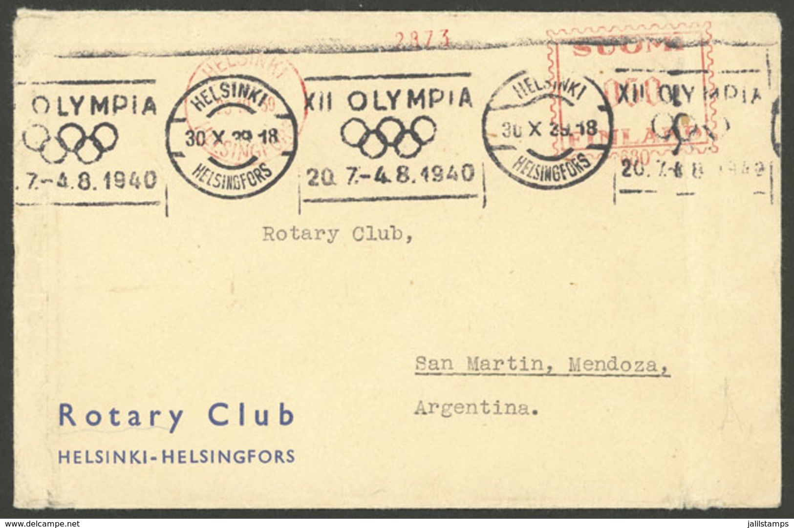 FINLAND: 30/OC/1939 Helsinki - Argentina, Cover With Meter Postage And Advertising Slogan Cancel For 1940 OLYMPICS, Very - Sonstige & Ohne Zuordnung