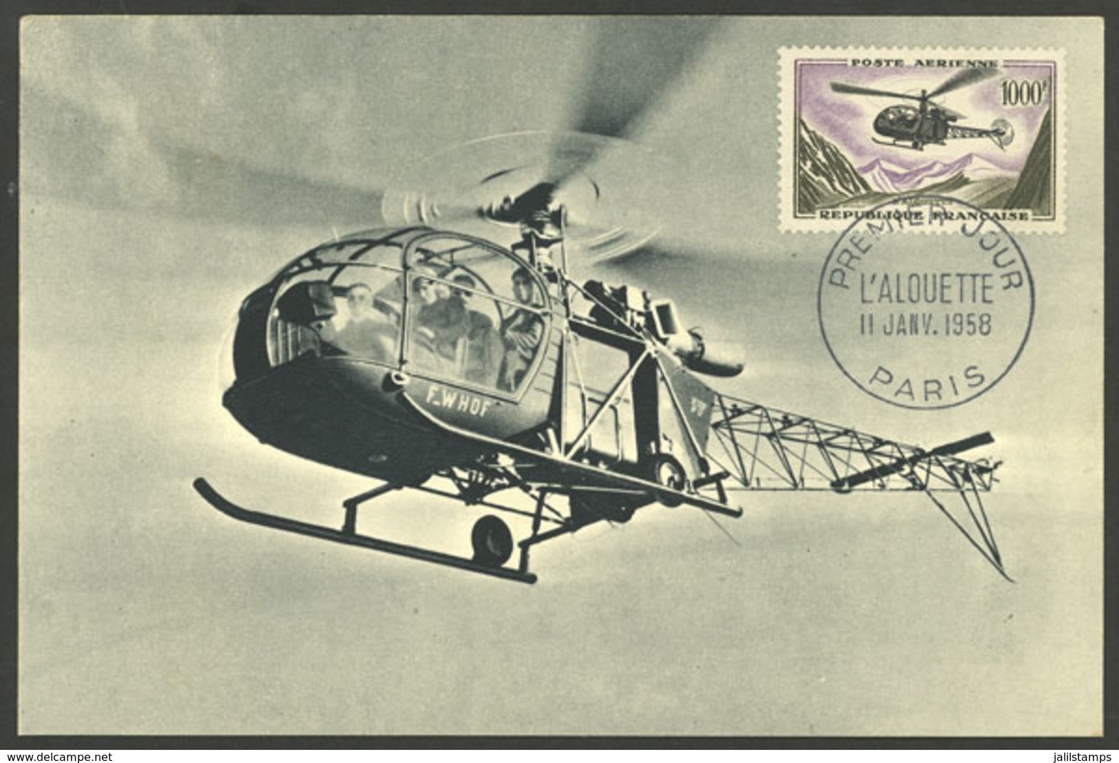 FRANCE: Yvert 37, 1957/9 1000F. Alouette Helicopter On Maximum Card, VF Quality! - Otros & Sin Clasificación