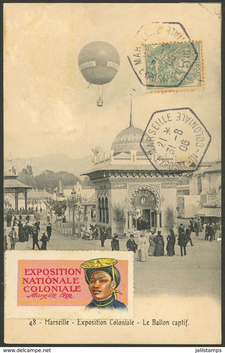 FRANCE: Postcard With View Of A Balloon Flying Over The Colonial Exhibition Of Marseille, Franked With 5c. And Hexagonal - Otros & Sin Clasificación