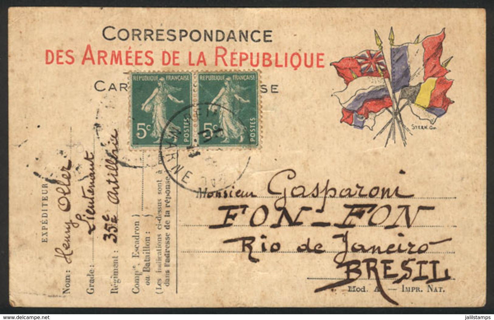 FRANCE: Free Postage Card For Soldiers At The War Front, Sent To Brazil On 12/DE/1915 With Additional Franking Of 10c.,  - Otros & Sin Clasificación