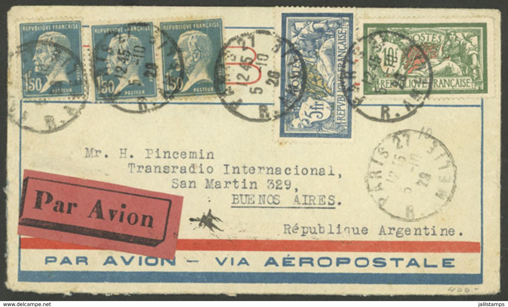 FRANCE: 5/OC/1929 Paris - Argentina, Airmail Cover By Aeropostale, Franked With 19.50Fr., Arrival Backstamp Of Buenos Ai - Otros & Sin Clasificación