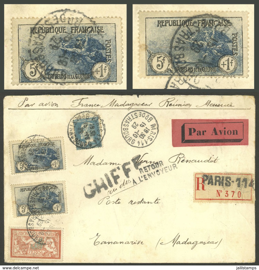 FRANCE: 15/OC/1929 Paris - Madagascar, First Flight, Registered Cover With Good Postage Of 13.50Fr. Including 2 Examples - Otros & Sin Clasificación