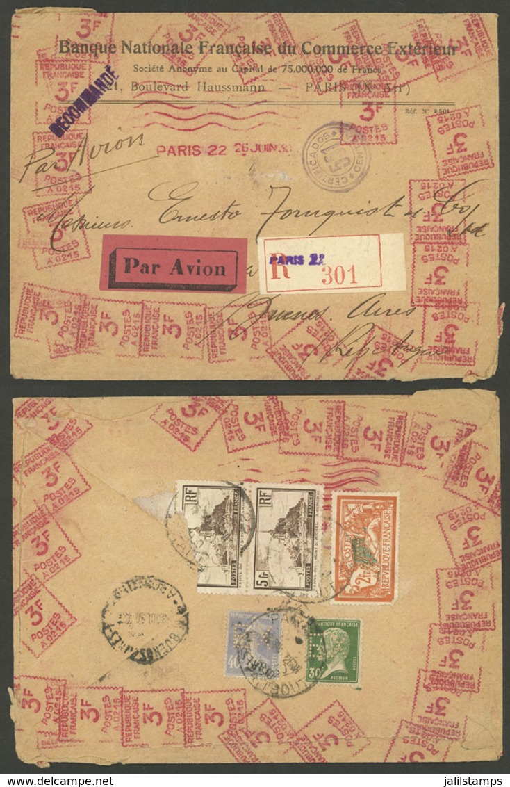 FRANCE: 26/JUN/1930 Paris - Argentina, Registered Airmail Cover With Spectacular Multiple Meter Postage + Some Postage S - Other & Unclassified