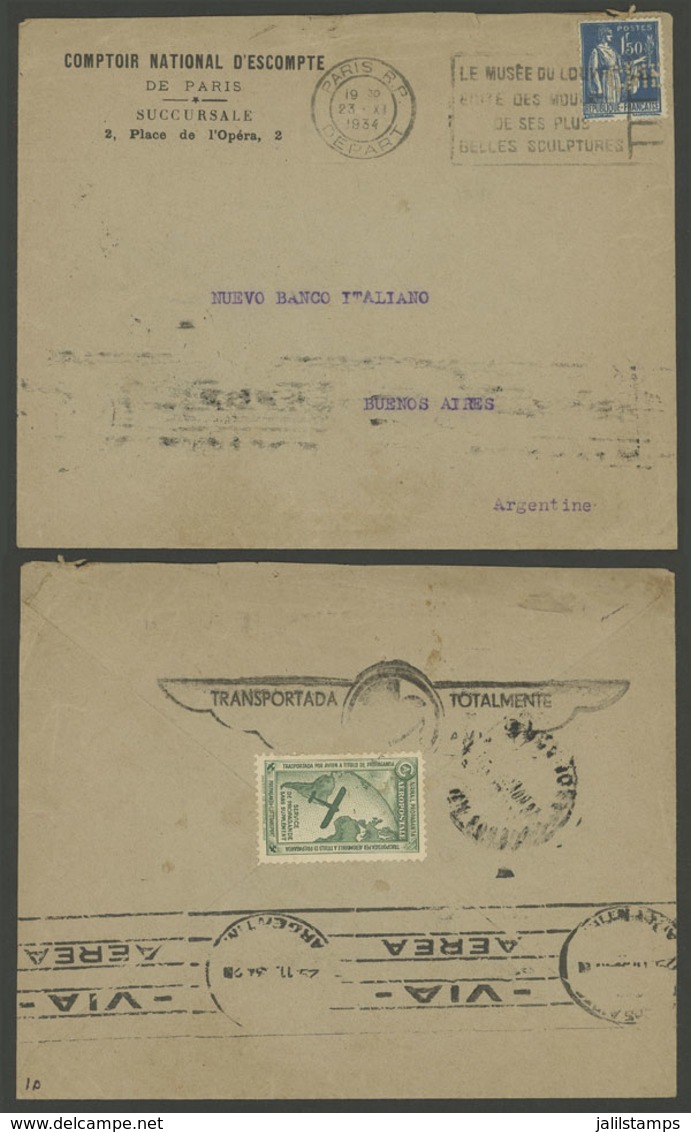 FRANCE: 23/NO/1934 Paris - Argentina, Cover Dispatched By Surface Mail But Carried By Airplane As Advertising For C.G. A - Otros & Sin Clasificación