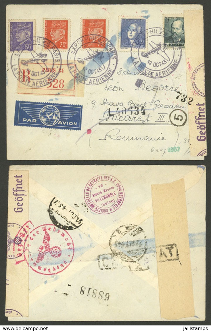 FRANCE: DOUBLE CENSORSHIP: Registered Airmail Cover From Paris To Romania On 12/OC/1943, With Nazi + Romanian Censor Mar - Otros & Sin Clasificación