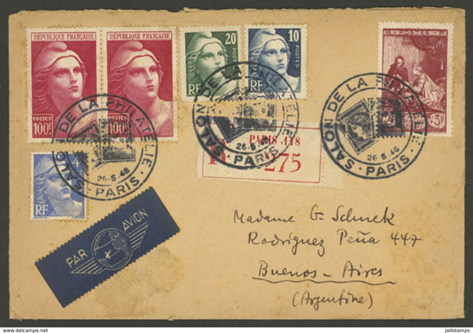 FRANCE: 26/MAY/1946 Paris - Argentina, Registered Airmail Cover With Large Postage Including Pair Of 100Fr. Stamps, Very - Otros & Sin Clasificación