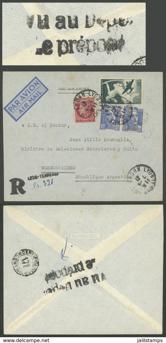 FRANCE: 7/JUN/1947 Lyon - Argentina, Registered Airmail Cover With Interesting Backstamp, VF! - Other & Unclassified