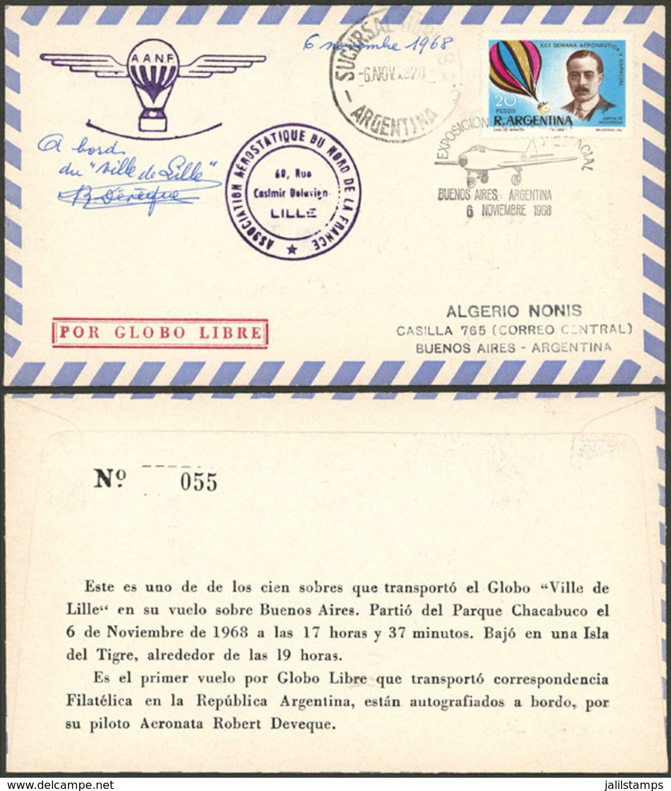 FRANCE: 6/NO/1968 Flight In Buenos Aires By Balloon "Ville De Lille", Signed By The Pilot Robert Deveque, Only 100 Cover - Otros & Sin Clasificación