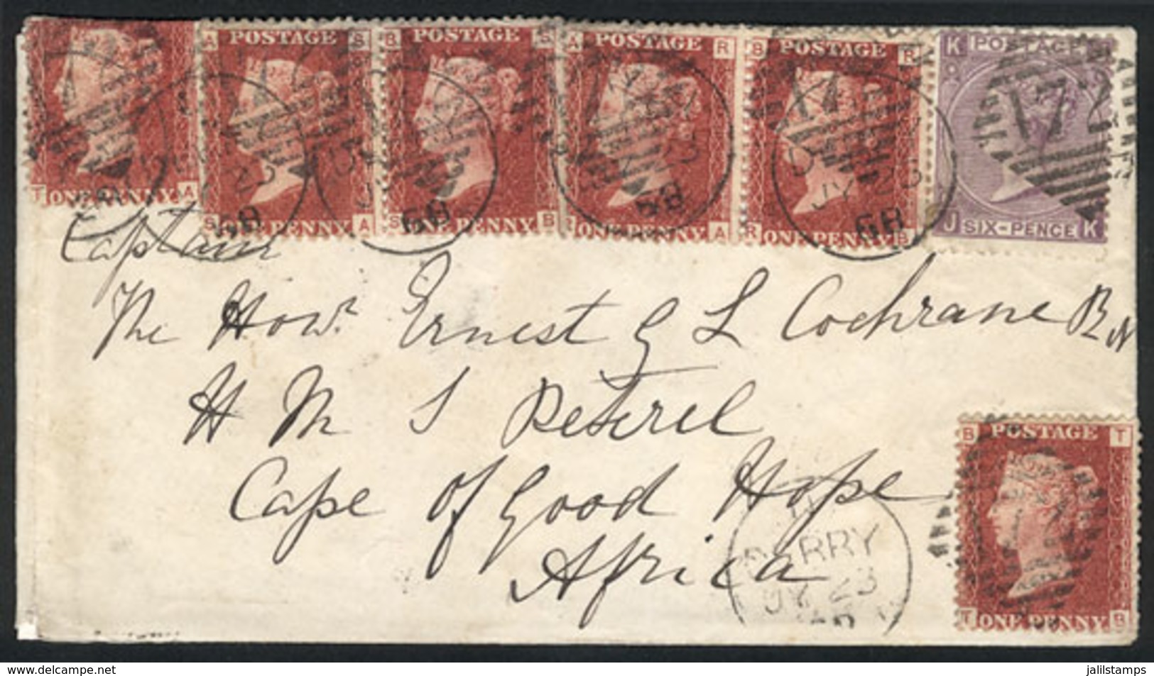GREAT BRITAIN: 23/JUL/1868 Derry - South Africa: Cover Sent To "Captain The Honr. Ernest G L Cochrane, HMS Petrel, Cape  - Sonstige & Ohne Zuordnung