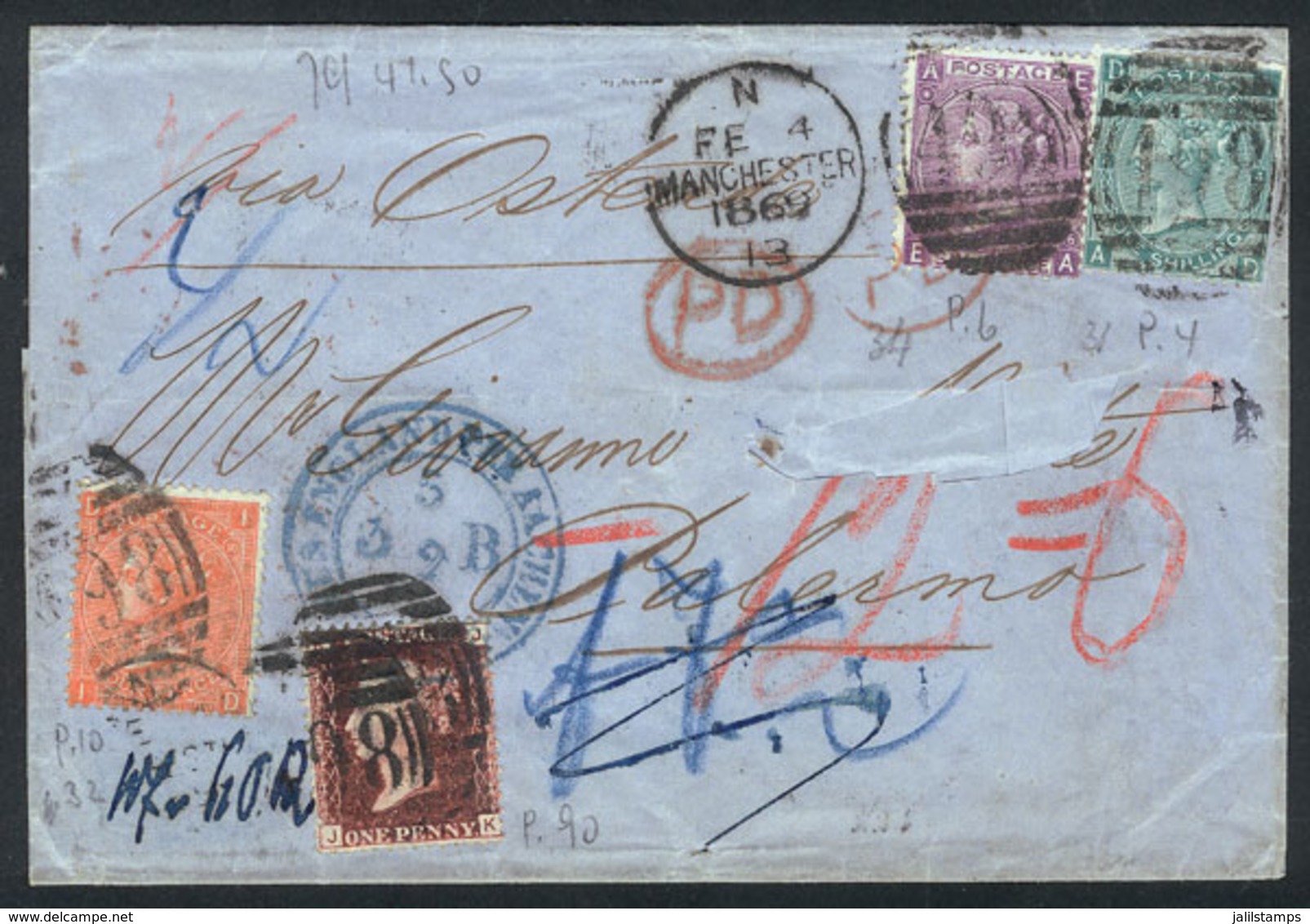 GREAT BRITAIN: 4/FE/1869 Manchester - Palermo (Italy): Folded Cover (the Surname Of The Addressee Was Cut Out) With Mult - Otros & Sin Clasificación