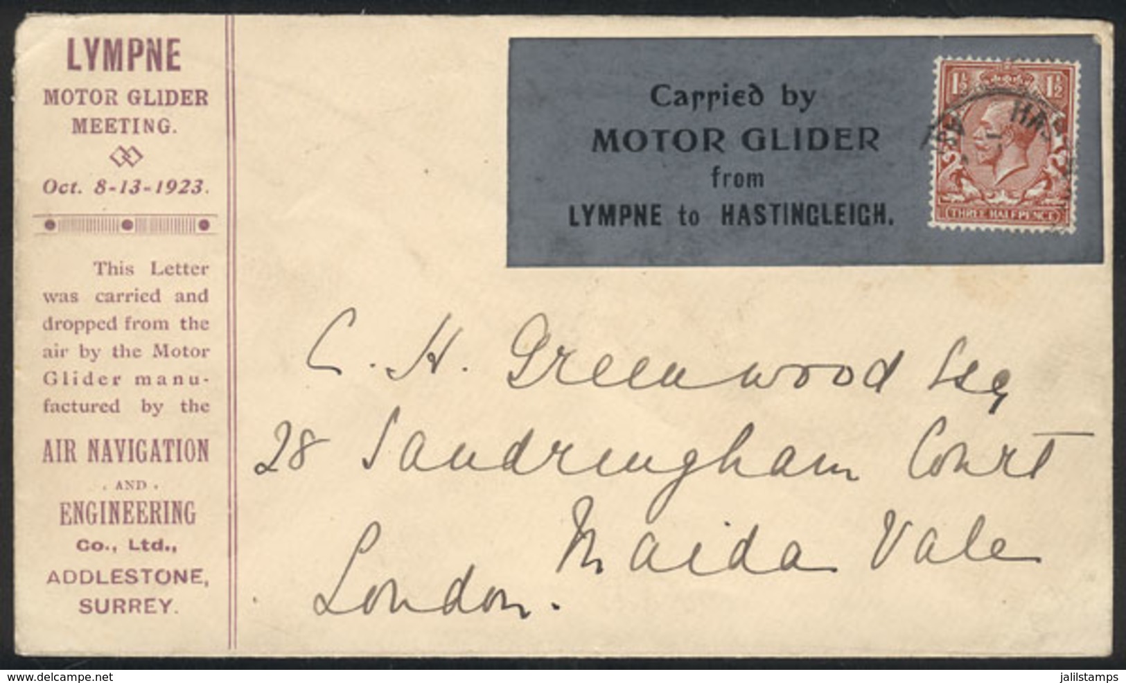 GREAT BRITAIN: 13/OC/1923 Lympne - Hastingleigh, Cover Flown By Motor Glider, VF Quality! - Other & Unclassified