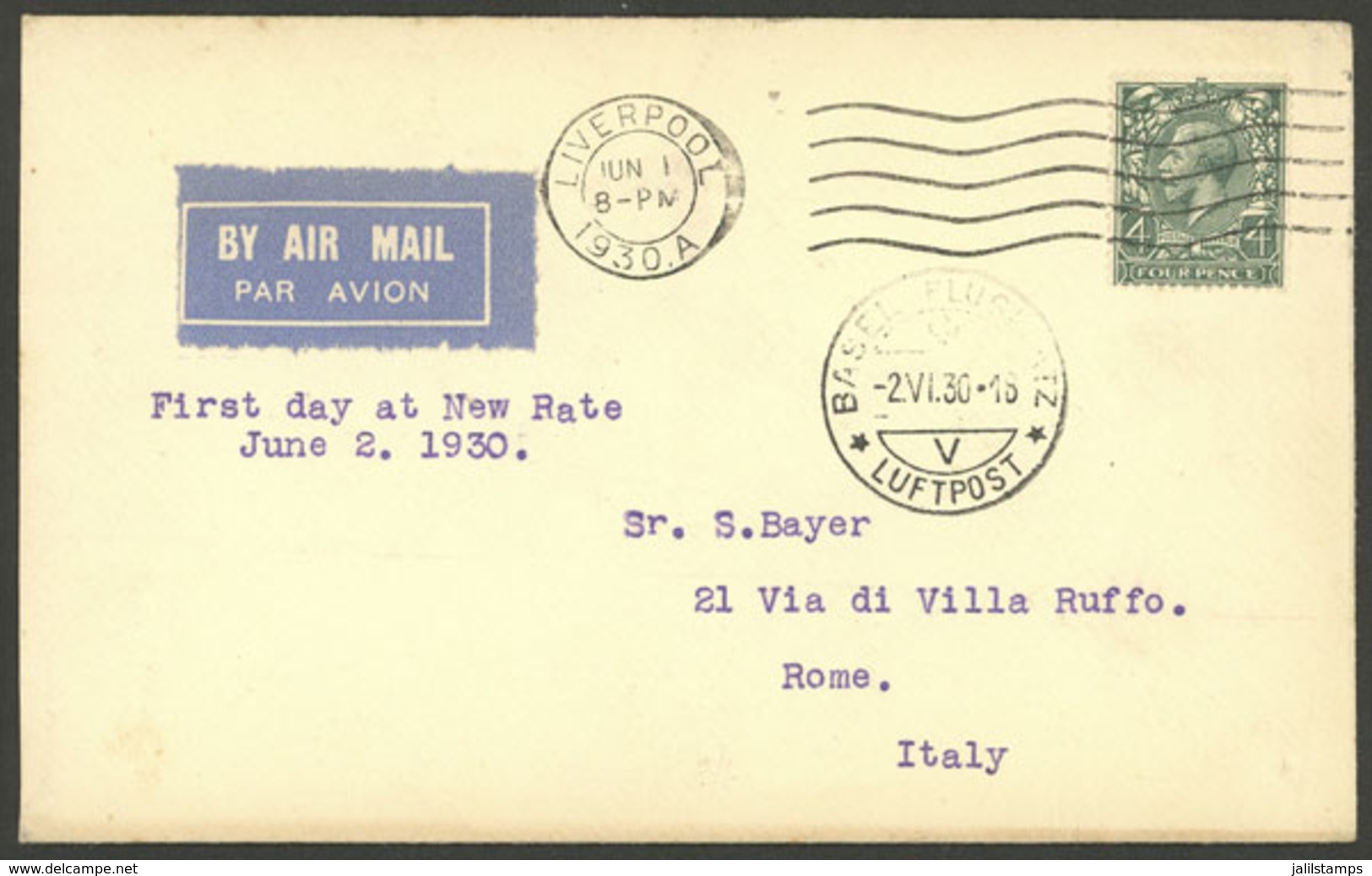 GREAT BRITAIN: 1/JUN/1930 Liverpool - Italy, Airmail Cover Flown To Basel (Switzerland) Franked With 4p., First Day With - Otros & Sin Clasificación