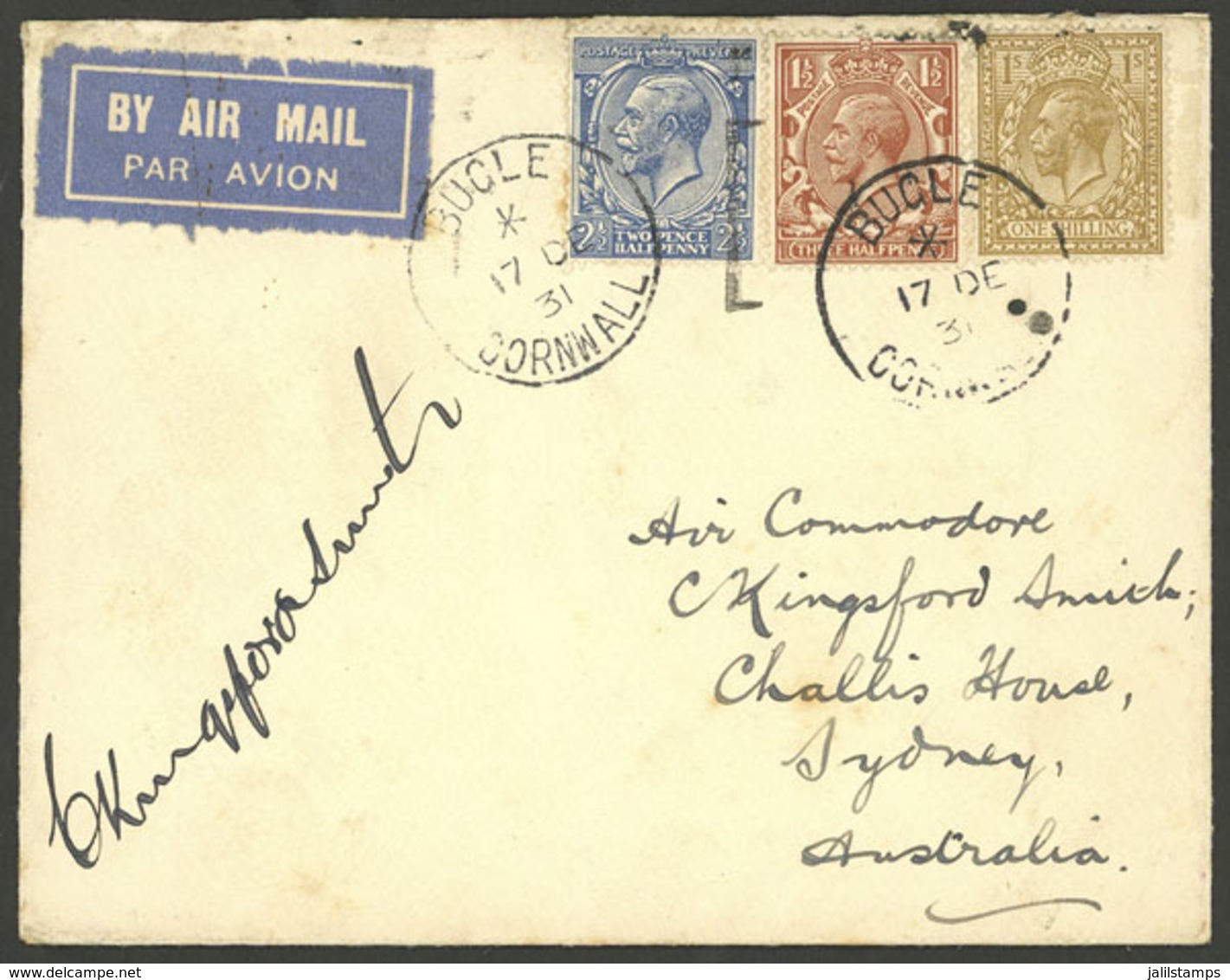 GREAT BRITAIN: 17/DE/1931 Bucle - Australia, Airmail Cover Signed By The Pilot CHARLES KINGSFORD SMITH And Addressed To  - Sonstige & Ohne Zuordnung