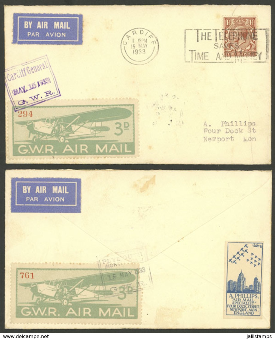 GREAT BRITAIN: 15/MAY/1933 Cardiff - Plymouth - Newport, Airmail Cover With Cinderellas Of 3p. Of The G.W.R. On Front An - Sonstige & Ohne Zuordnung