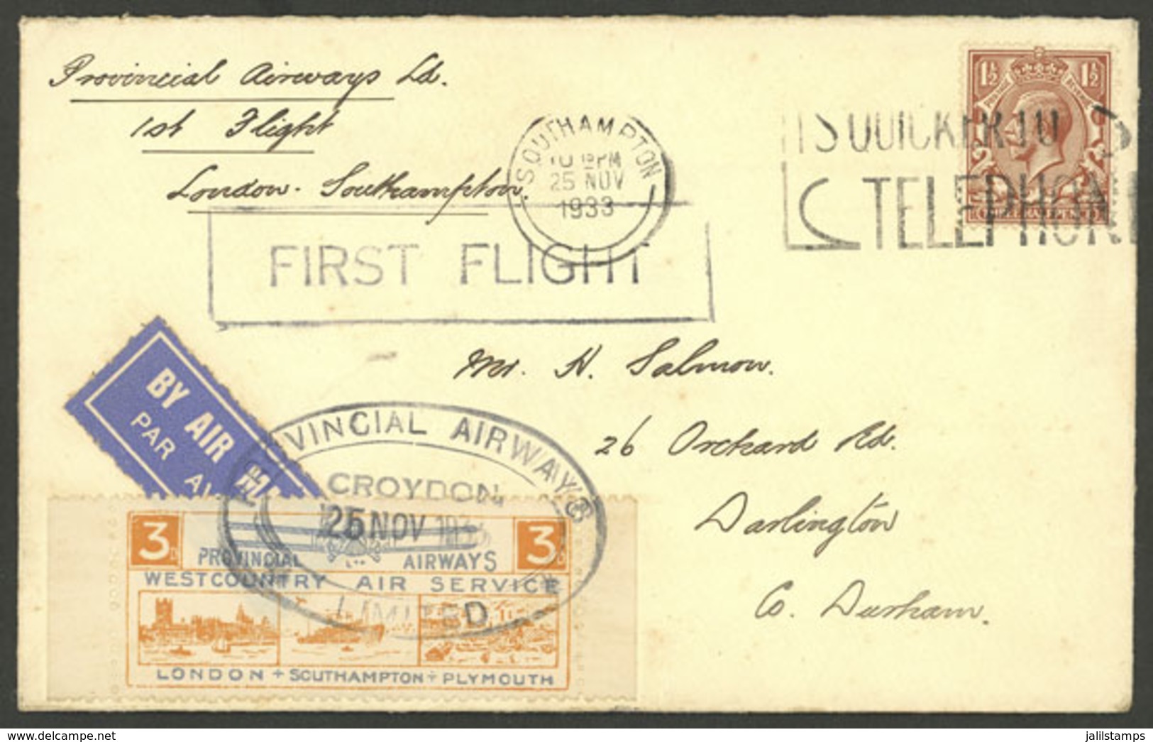 GREAT BRITAIN: 25/NO/1933 Southampton - Darlington, First Flight Of Provincial Airways, Cover With 3p. Cinderella With O - Otros & Sin Clasificación