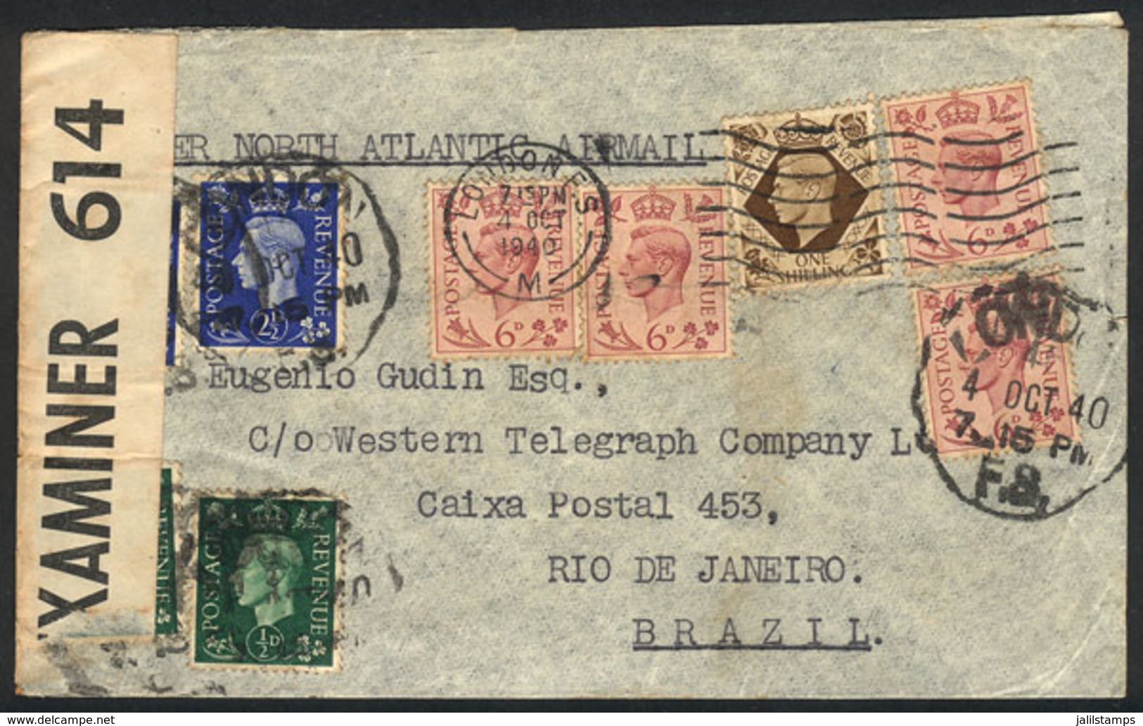 GREAT BRITAIN: Airmail Cover Sent From London To Brazil On 4/OC/1940, Handsome Postage, Censored, Small Defect, VF Appea - Otros & Sin Clasificación