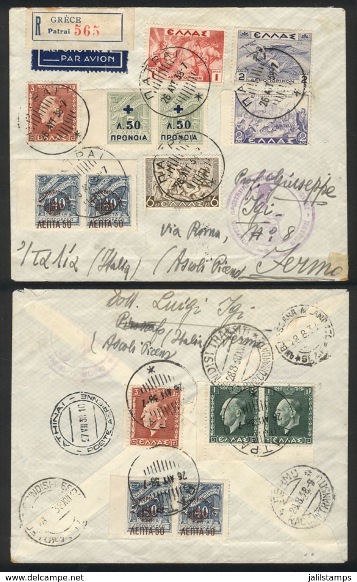 GREECE: Registered Airmail Cover Sent From Patrai To Roma On 26/AU/1938 With Spectacular Multicolor Postage On Front And - Otros & Sin Clasificación