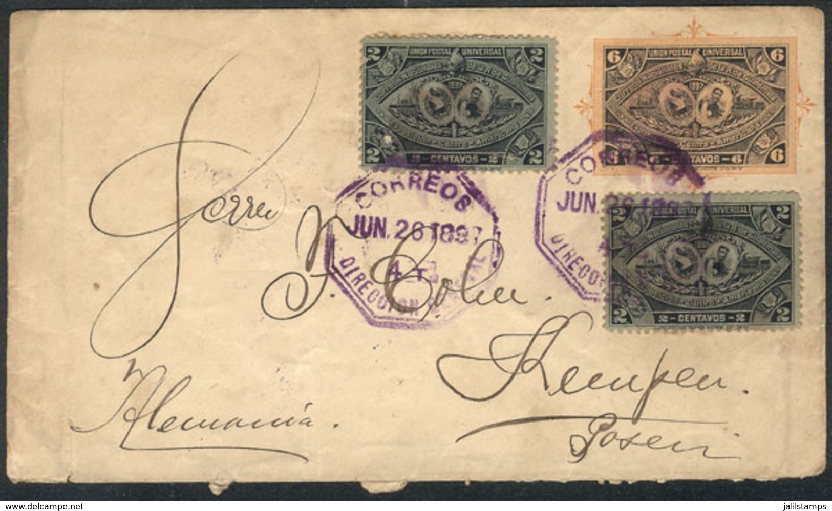 GUATEMALA: 6c. Stationery Cover + Sc.61 X2 (total 10c.) Sent To Germany On 26/JUN/1897, VF, Rare! - Guatemala