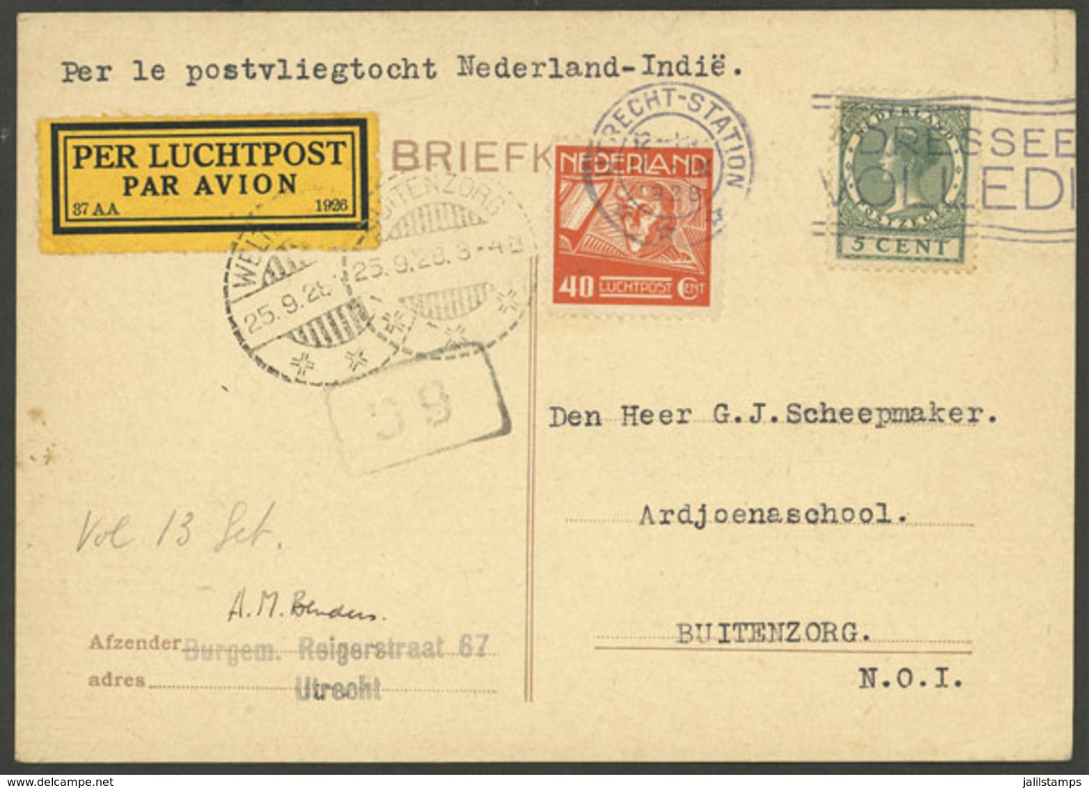 NETHERLANDS: 11/SE/1928 Amsterdam - Netherlands Indies, Card Sent To Buitenzorg, With Arrival Of 25/SE, VF Quality! - Sonstige & Ohne Zuordnung