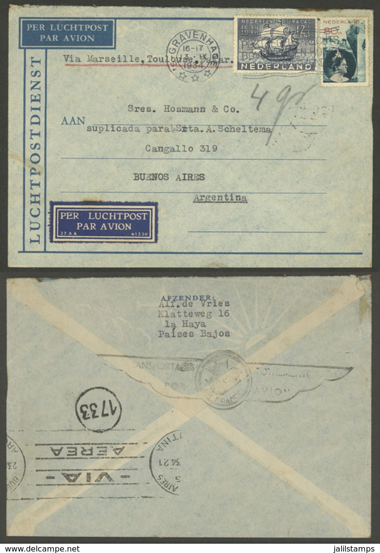 NETHERLANDS: 13/SE/1934 S'Gravenhage - Argentina, Airmail Cover Flown By Air France With Special Handstamp On Back - Andere & Zonder Classificatie
