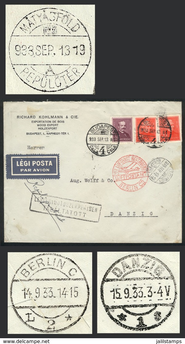HUNGARY: Airmail Cover Sent From Budapest To Danzig On 13/SE/1933, On Back Transit Marks And Arrival For 15/SE, Very Nic - Otros & Sin Clasificación