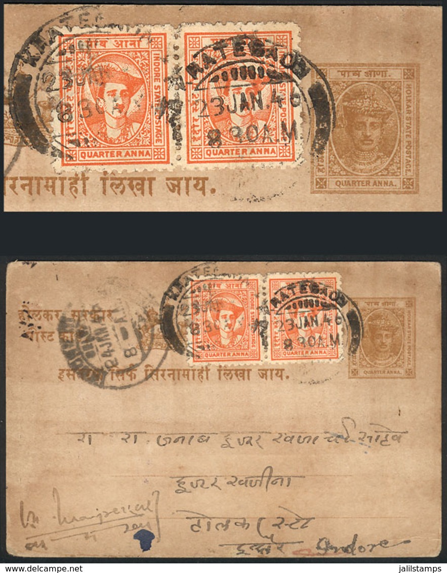 INDIA: Postal Card Of The State Of HOLKAR With Additional Postage Of The State Of INDORE, Used On 23/JA/1946, Interestin - Otros & Sin Clasificación