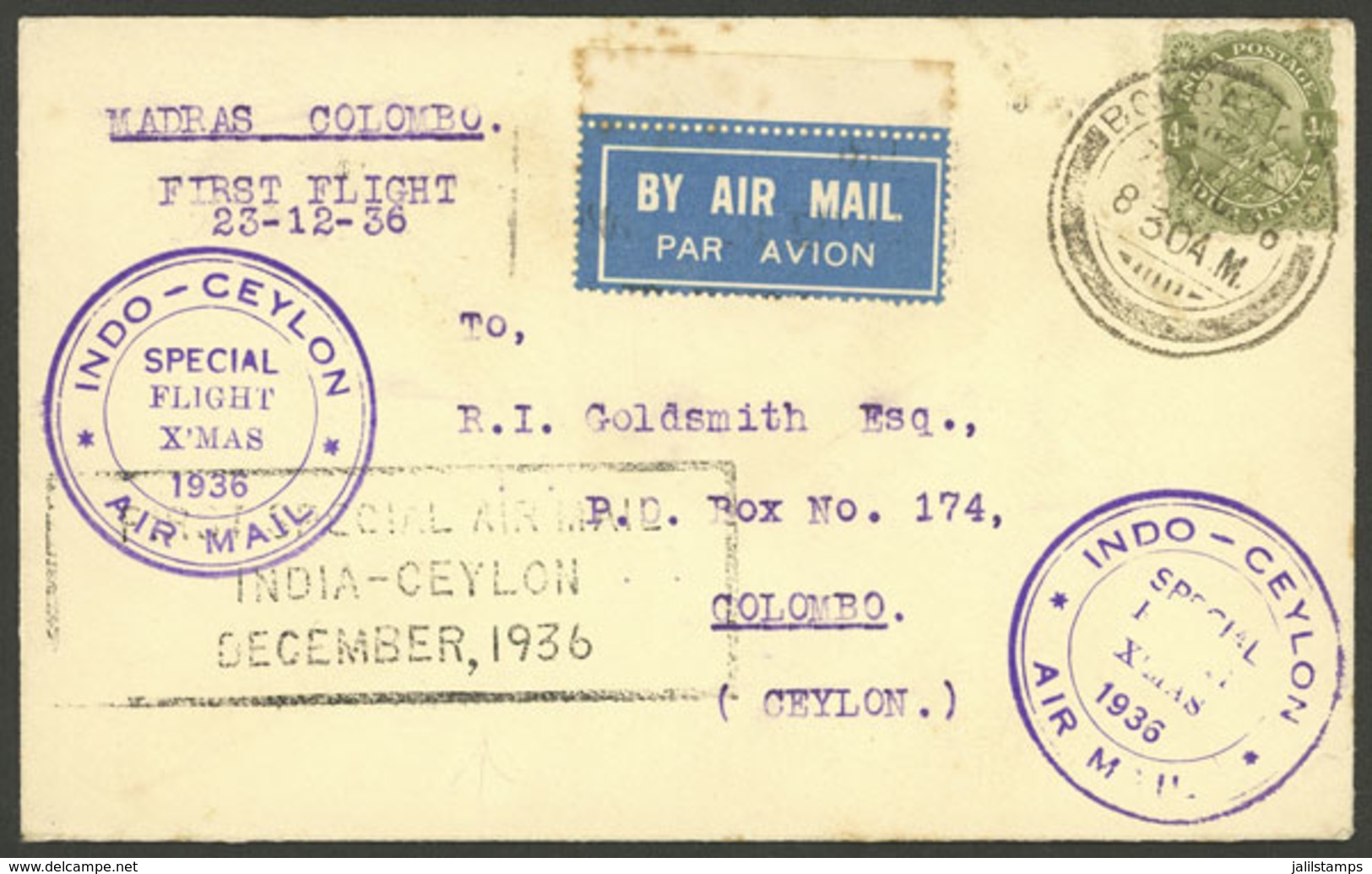BRITISH INDIA: 22/DE/1936 Bombay - Colombo (Ceylon), Special Christmas Flight, Cover With Arrival Backstamp, Nice Piece - Sonstige & Ohne Zuordnung