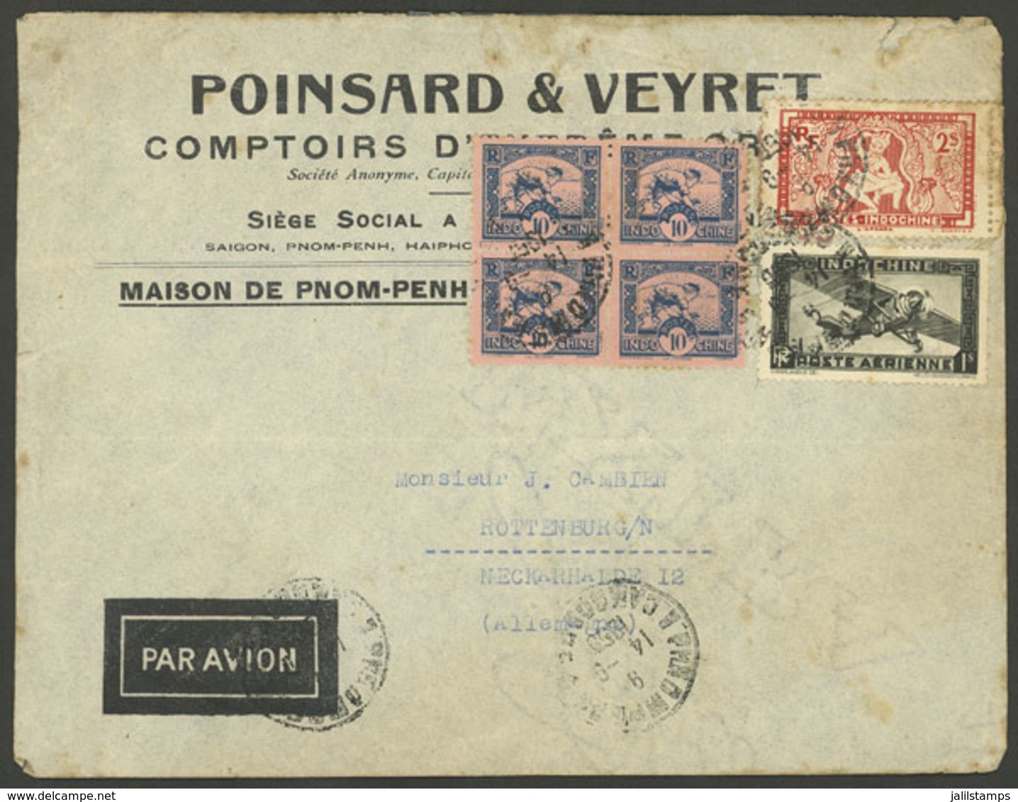 INDOCHINA: 14/SE/1944 Pnom-Penh - Germany, Airmail Cover With Nice Postage Of 2.40$, Minor Defects But Attractive! - Sonstige & Ohne Zuordnung