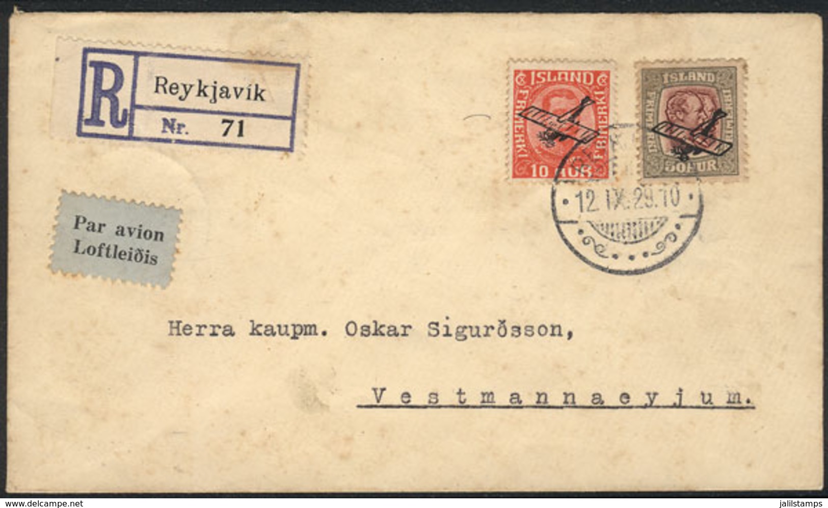 ICELAND: Sc.C1/C2, The 2 First Airmail Stamps Franking A Registered Cover Sent From Reykjavik To Vestmannaeyjun On 12/SE - Sonstige & Ohne Zuordnung
