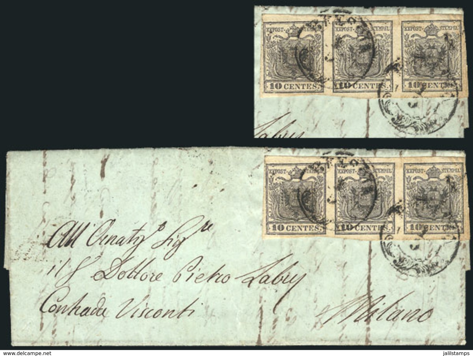 ITALY: Entire Letter Sent From Brescia (1/MAY/1852) To Milano, Franked With Strip Of 3 Of Sc.3 (total Postage 30c.), Wit - Lombardo-Vénétie