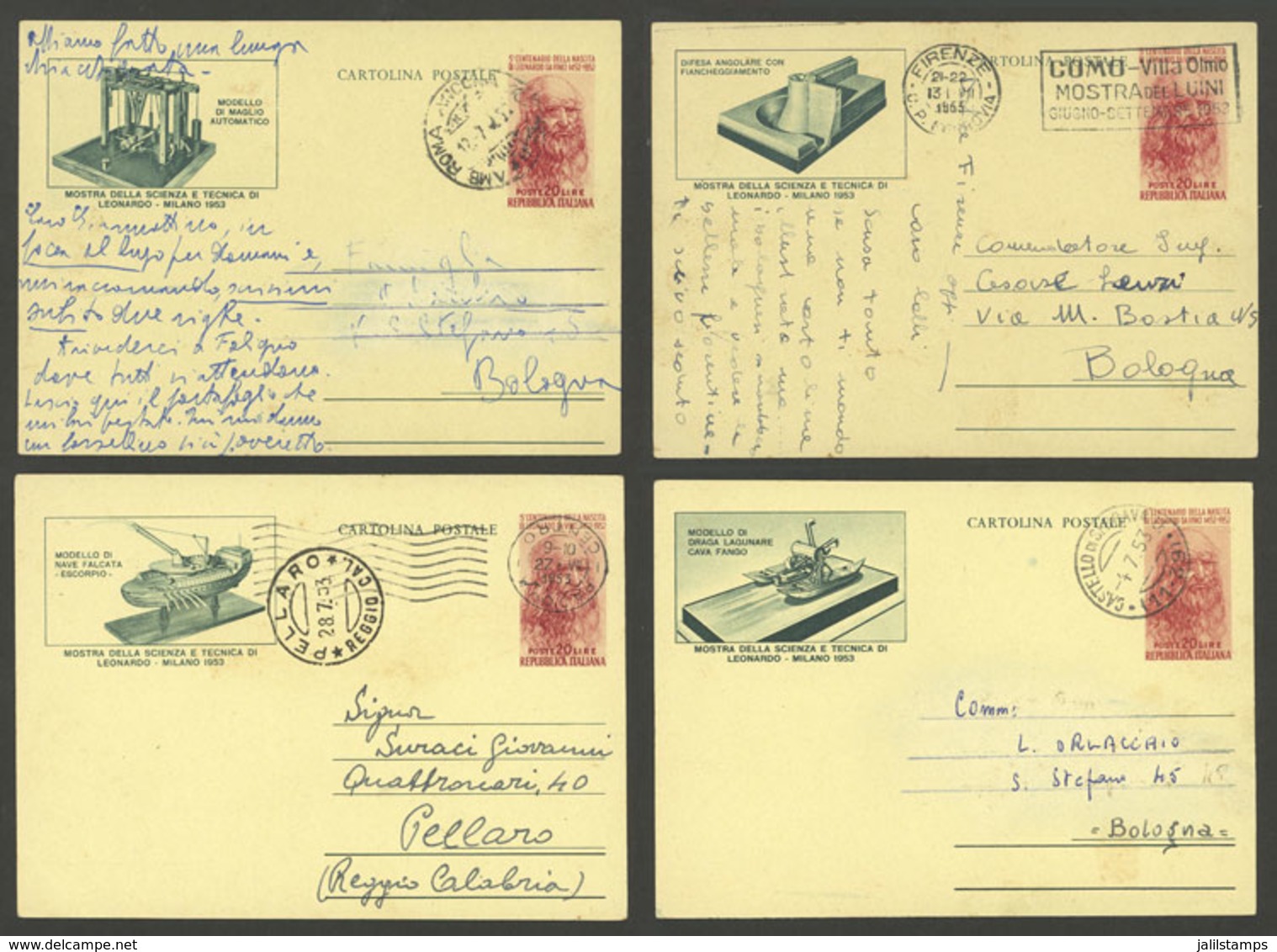ITALY: 4 Postal Cards Used In 1953 Commemorating The Exhibition Of The Scientific Achievements Of Leonardo Da Vinci In M - Sin Clasificación