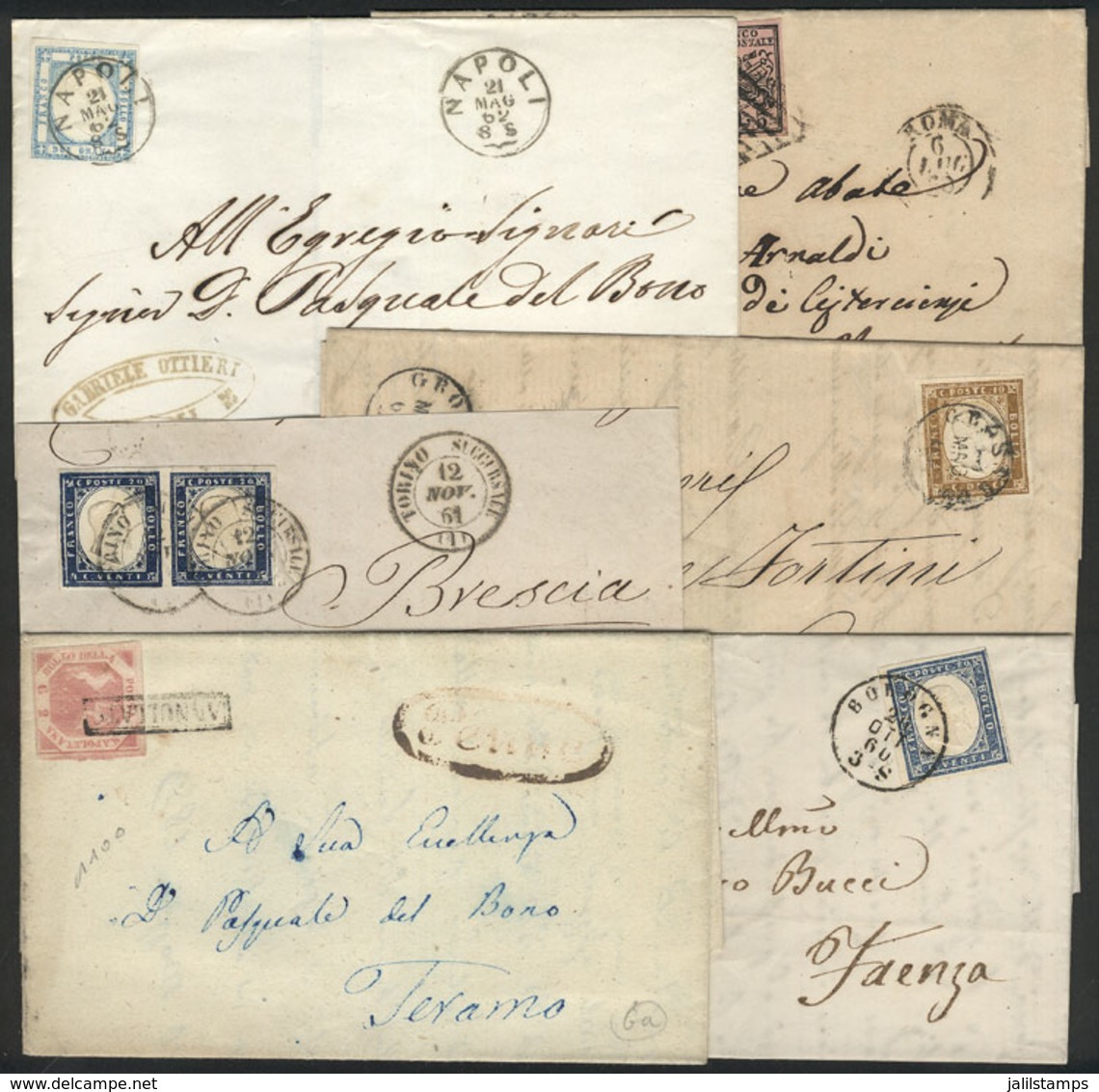 ITALY: 5 Letters + 1 Large Fragment Used Between 1859 And 1862 Franked With Stamps Of Napoli, Papal States, Etc., Very N - Sin Clasificación