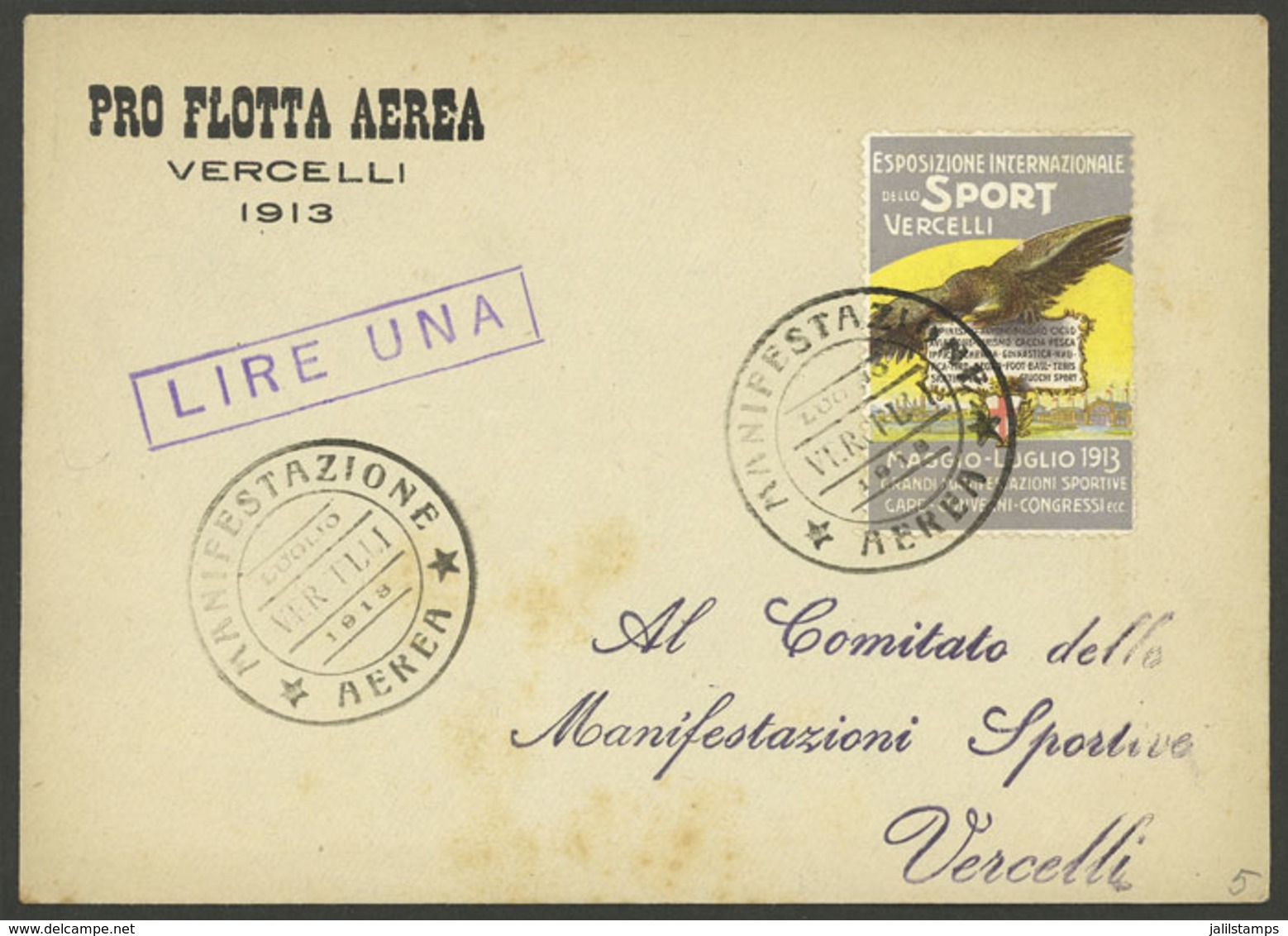 ITALY: Beautiful Cinderella Of The 1913 Intl. Exhibition Of Sports Of Vercelli, On Cover Of "Pro Flotta Aerea" With Spec - Ohne Zuordnung