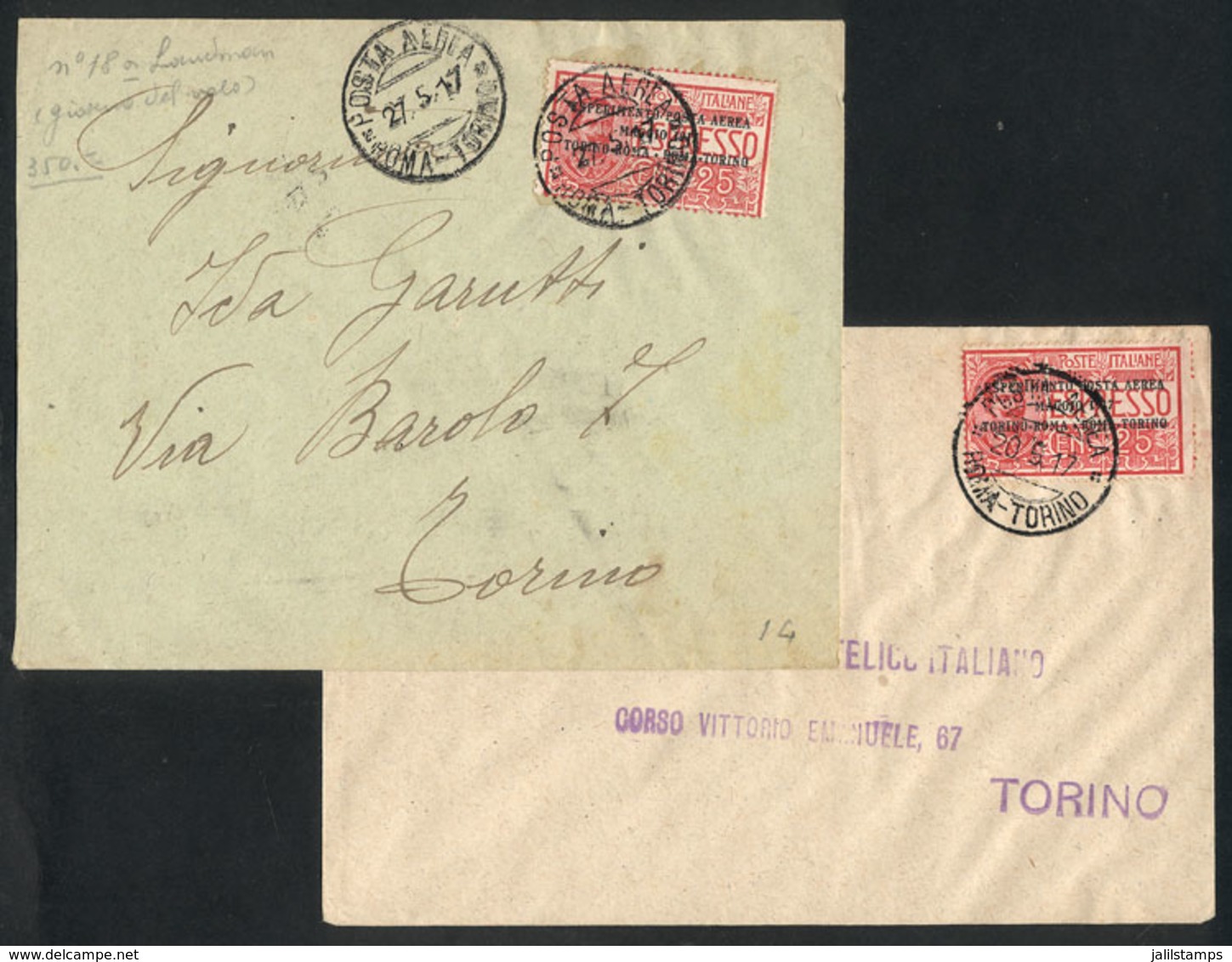 ITALY: 20 And 27/MAY/1917 2 Covers Flown Between Roma And Torino, Franked With Sc.C1, Very Nice, VF Quality, Catalog Val - Sin Clasificación